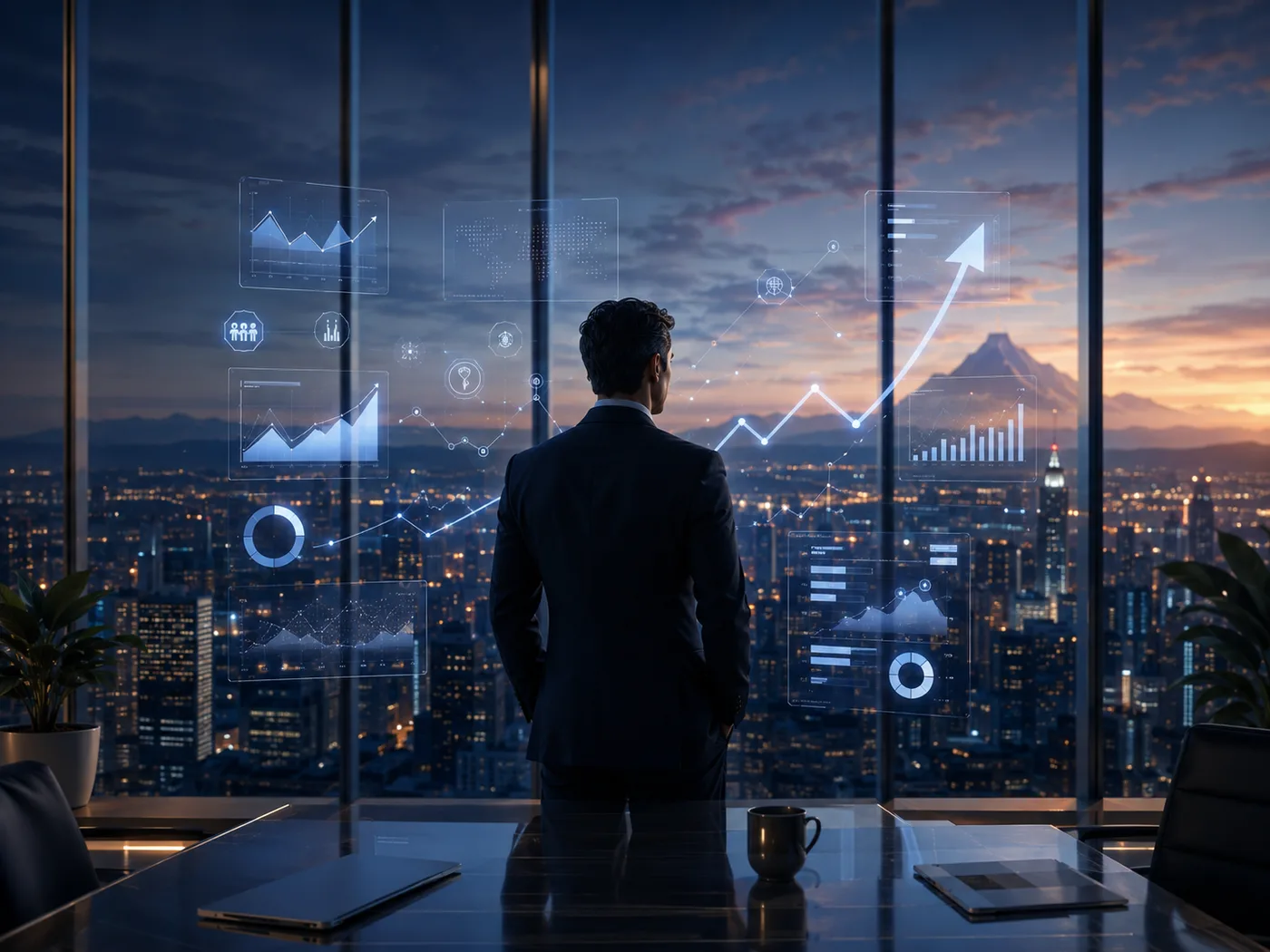 A business leader reading intelligent insights across a city landscape at dusk