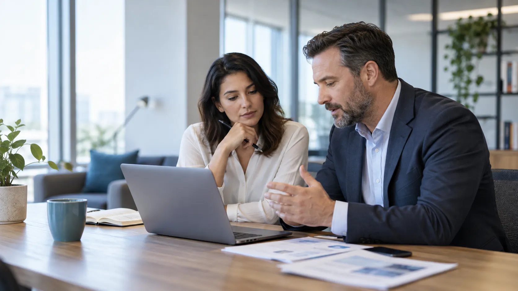 A seller and manager reviewing account context together before choosing the next action.